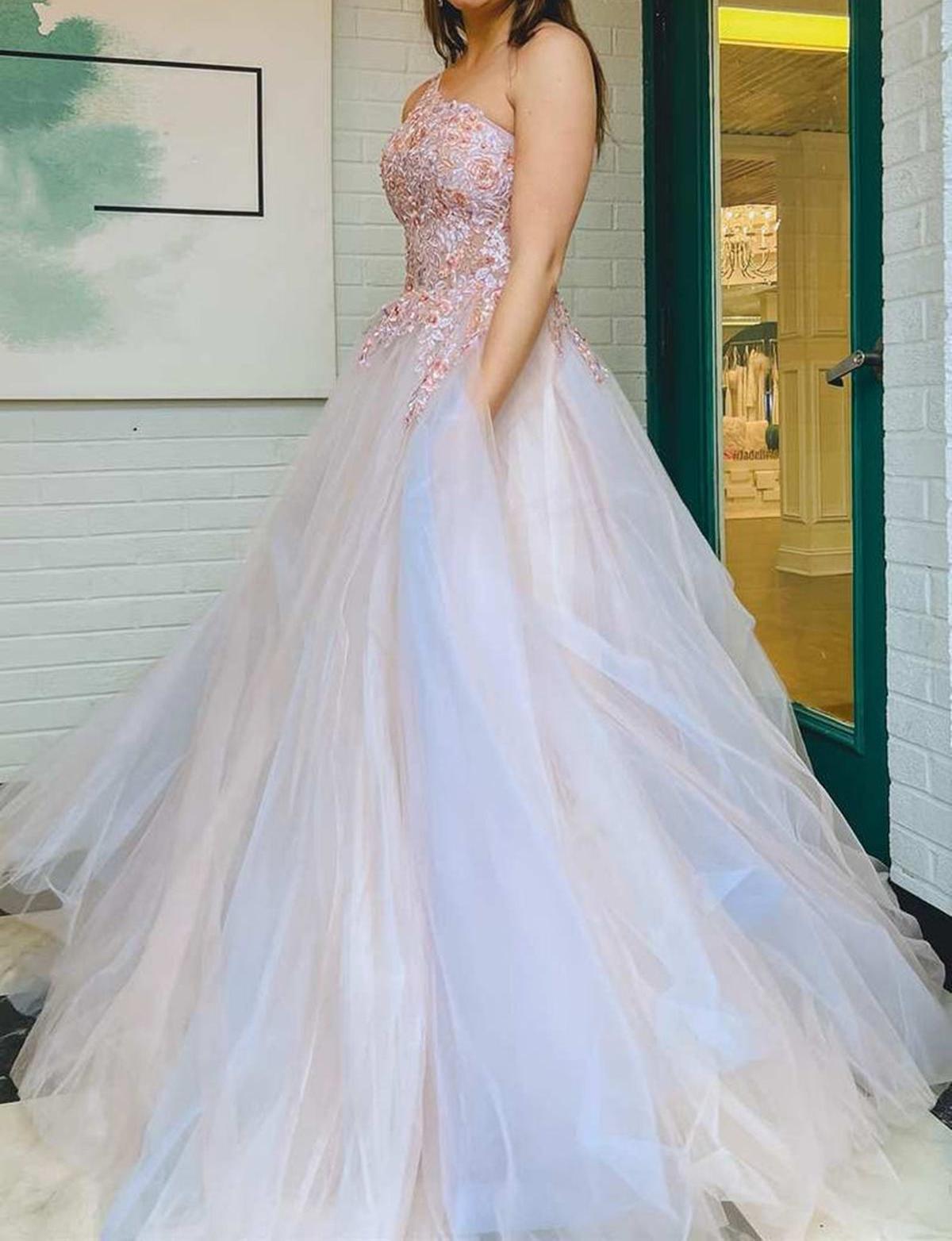 Unthony - One Shoulder Pink Lace Floral Long Prom Dress