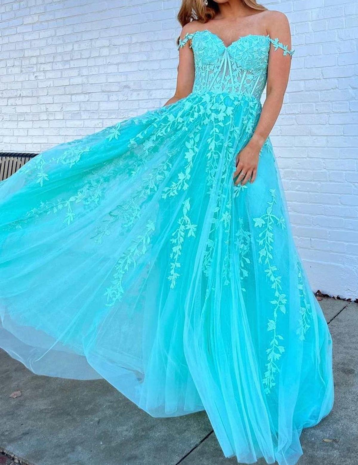 Unthony - Off Shoulder Teal Lace Long Prom Dress