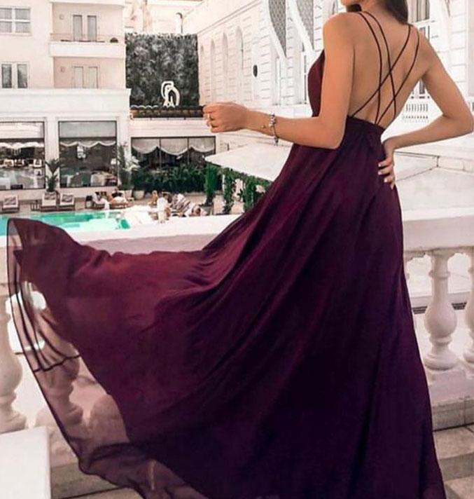 Unthony - Simple Purple Backless Chiffon Long Prom Dress with High Slit