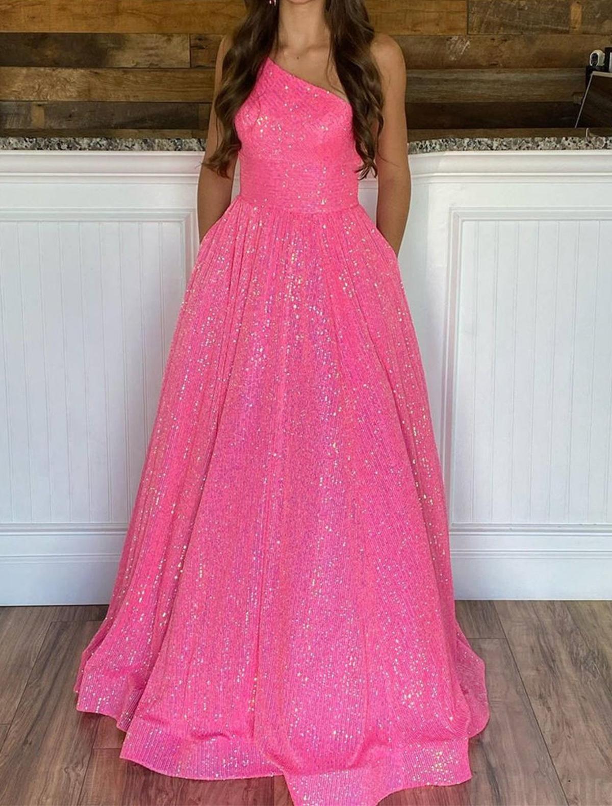 Unthony - One Shoulder Shiny Sequins Hot Pink/Dark Blue Long Prom Dress