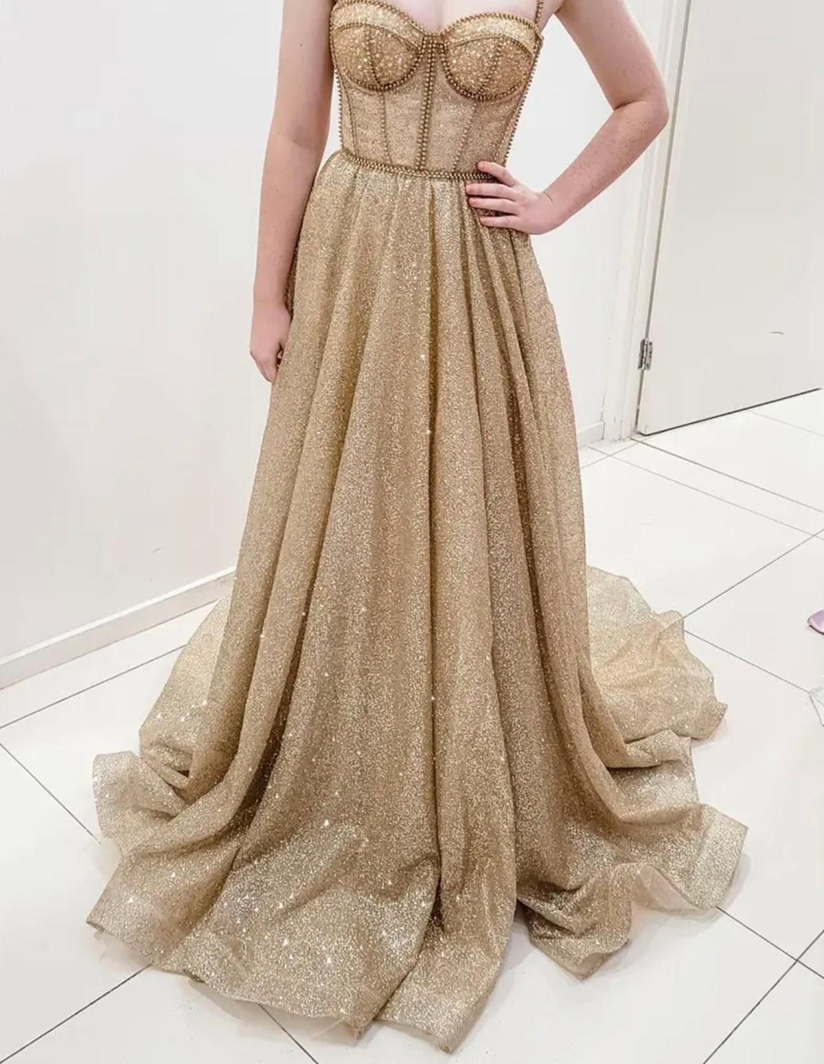 Unthony - Shiny A Line Champagne Tulle Long Prom Dress