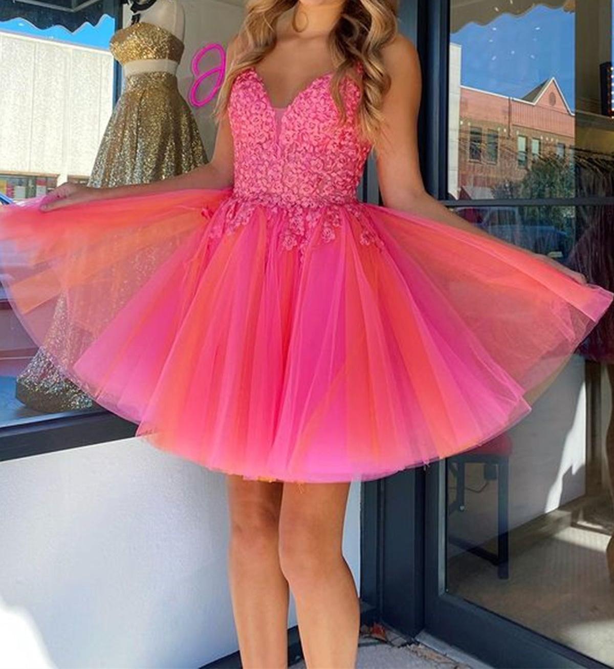 Unthony - Open Back V Neck Hot Pink Lace Prom Dress