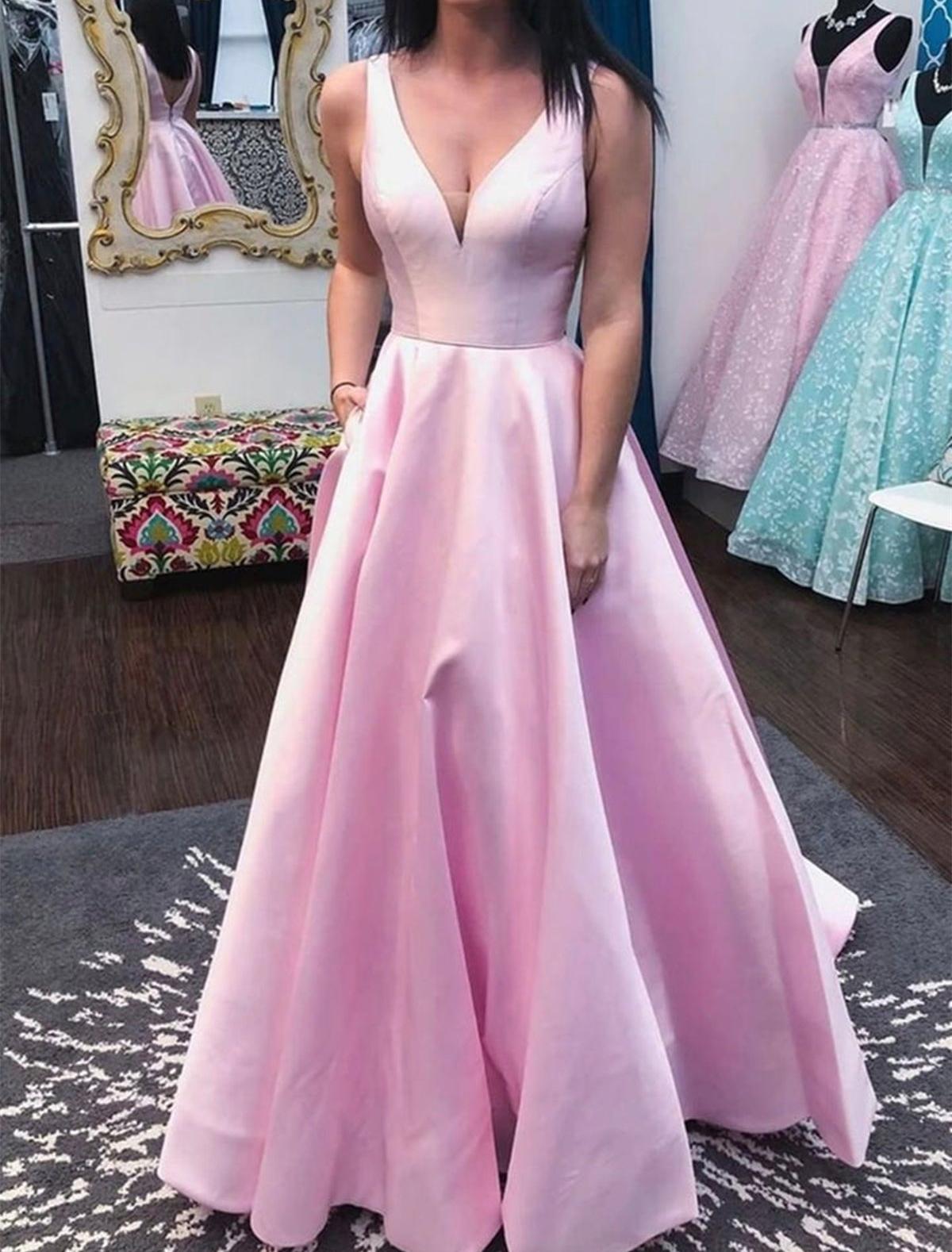 Unthony - Simple V Neck Open Back Pink Satin Long Prom Dress