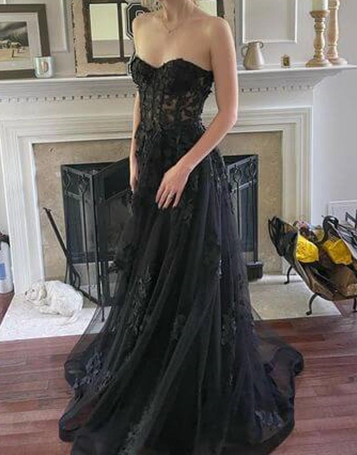 Unthony - Strapless Black Lace Tulle Long Prom Dress
