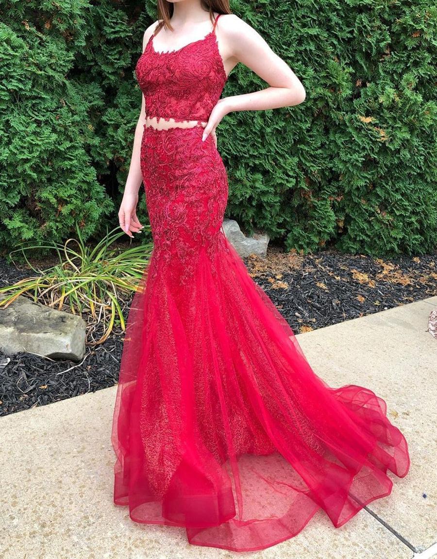 Unthony - Two Pieces Mermaid Burgundy Lace Long Prom Dress