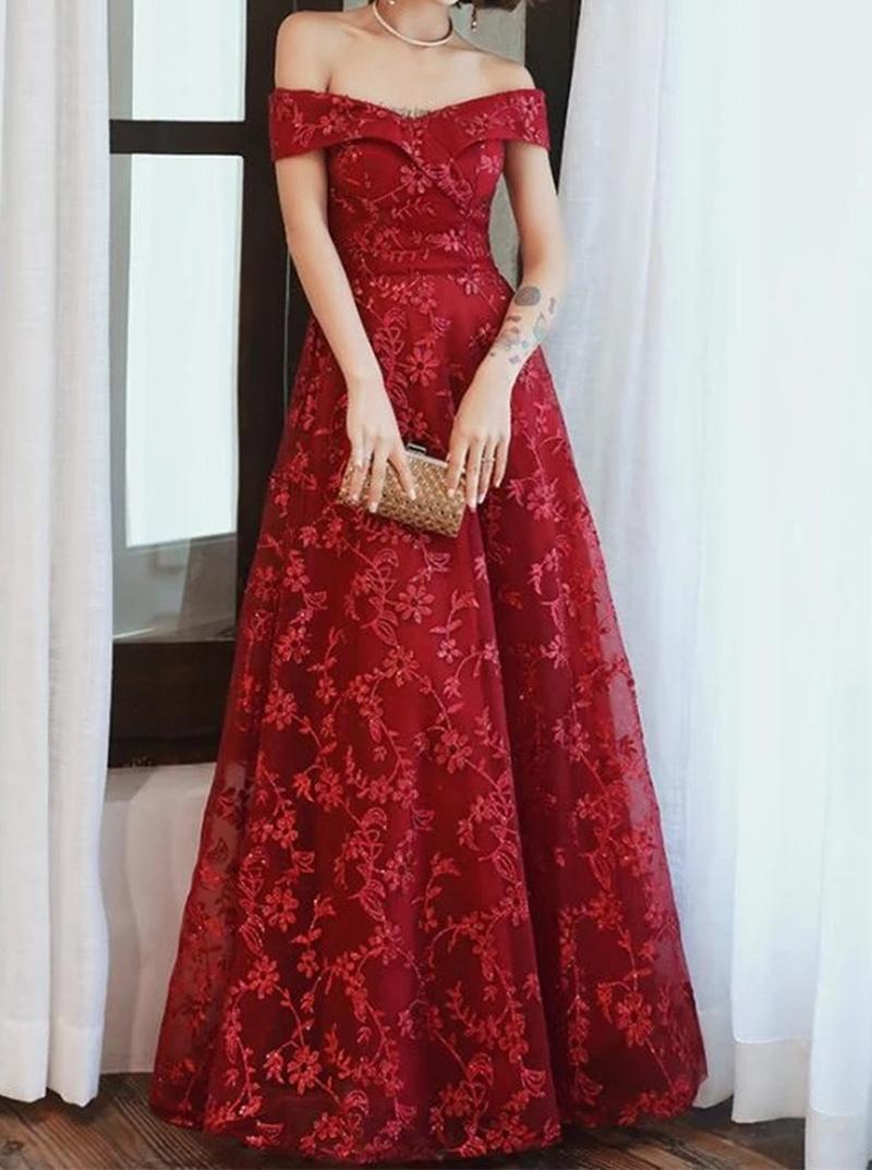 Unthony - Off Shoulder Burgundy Lace Appliques Long Prom Dress