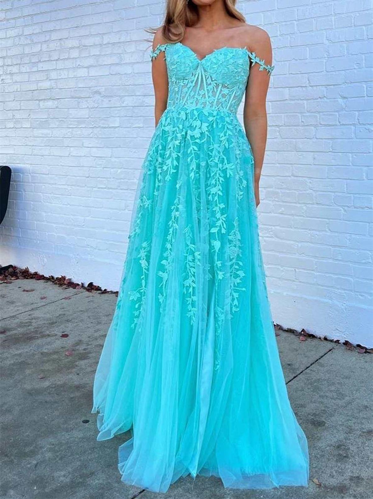 Unthony - Off Shoulder Teal Lace Long Prom Dress
