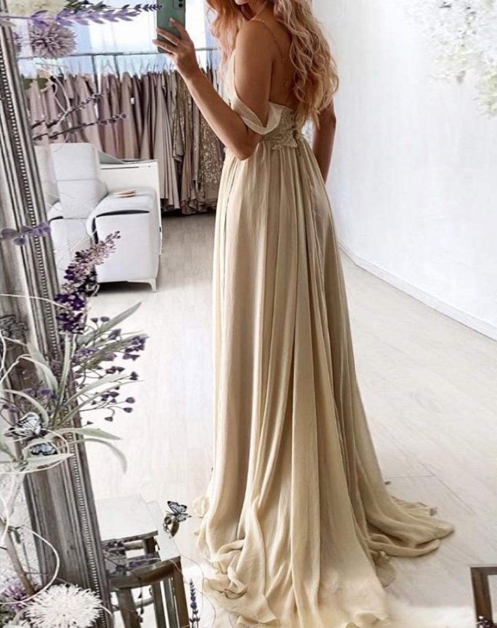Unthony - A Line V Neck Champagne Lace Long Prom Dress with Slit