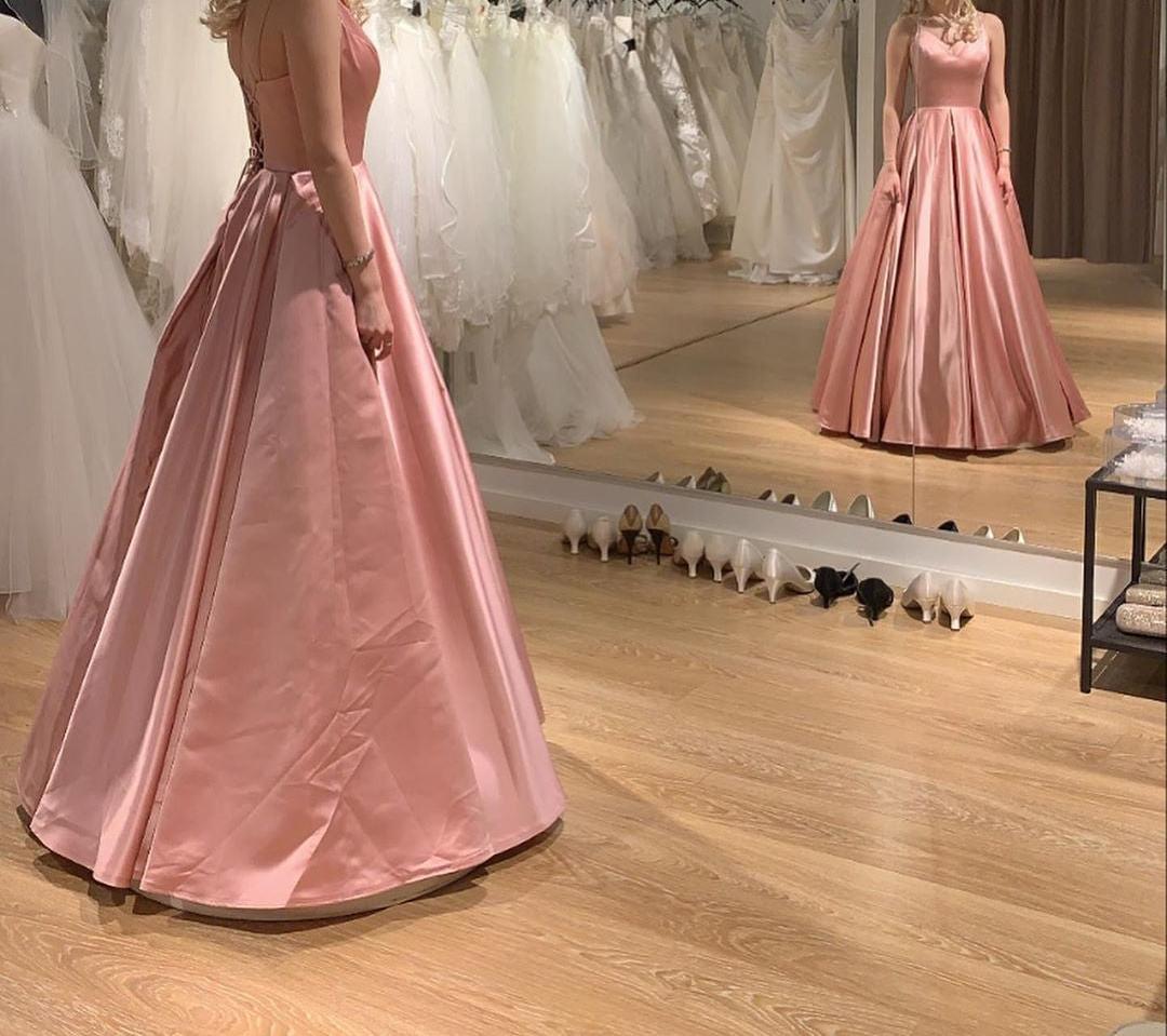 Unthony - Princess V Neck Pink Satin Long Prom Dress
