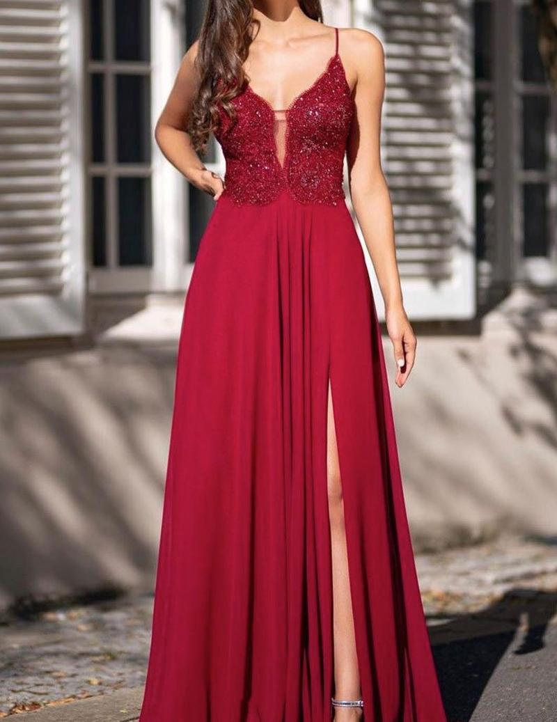 Unthony - V Neck Open Back Chiffon Burgundy Lace Long Prom Dress with Slit