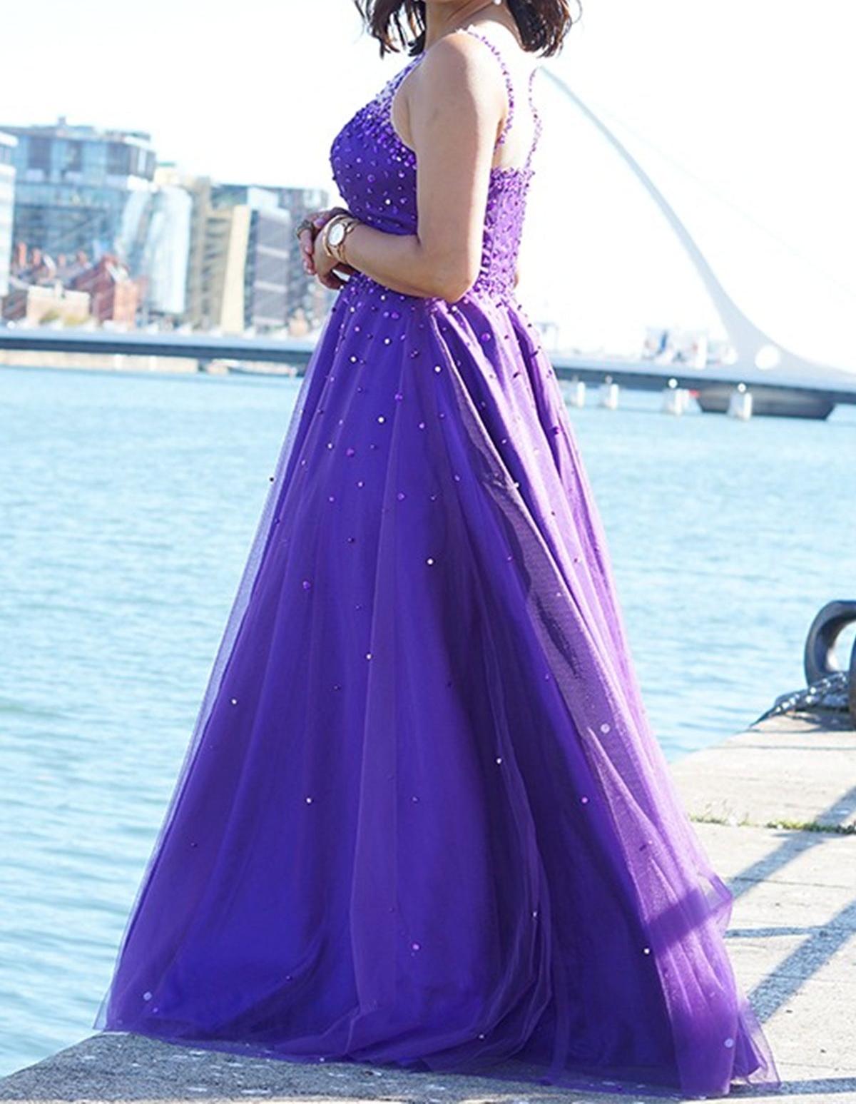 Unthony - Round Neck Purple Tulle Beaded Long Prom Dresses