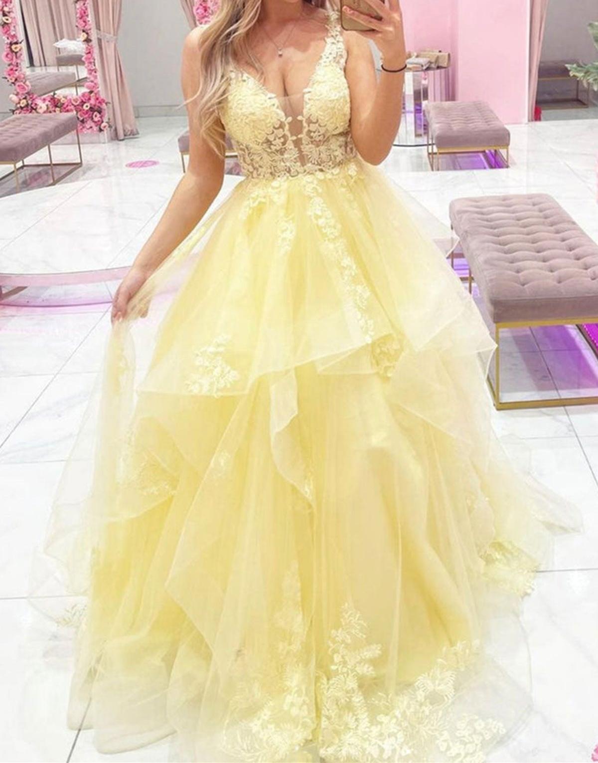 Unthony - V Neck Layered Yellow Tulle Lace Long Prom Dress