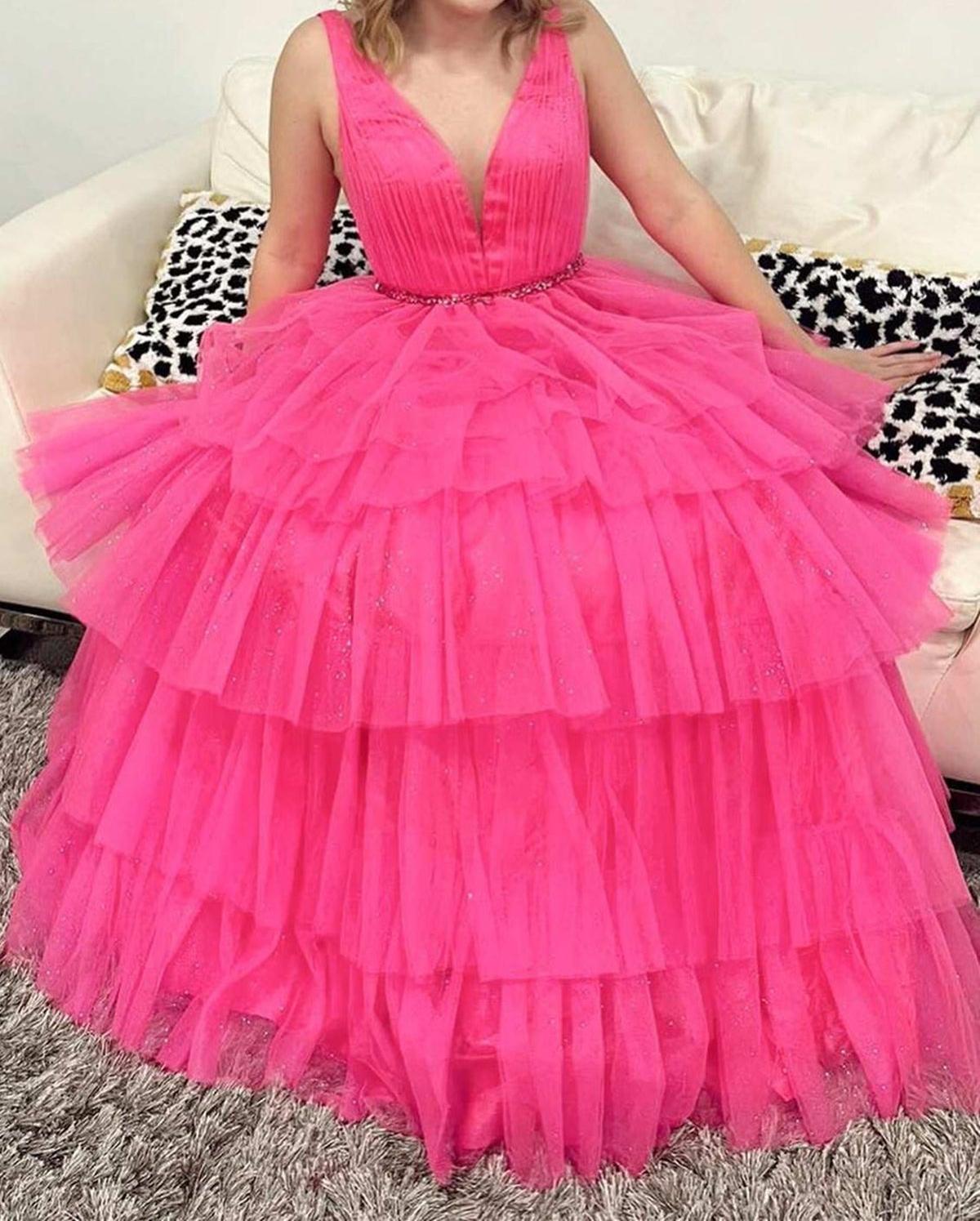 Unthony - A Line V Neck Hot Pink Tulle Layered Long Prom Dress with Belt