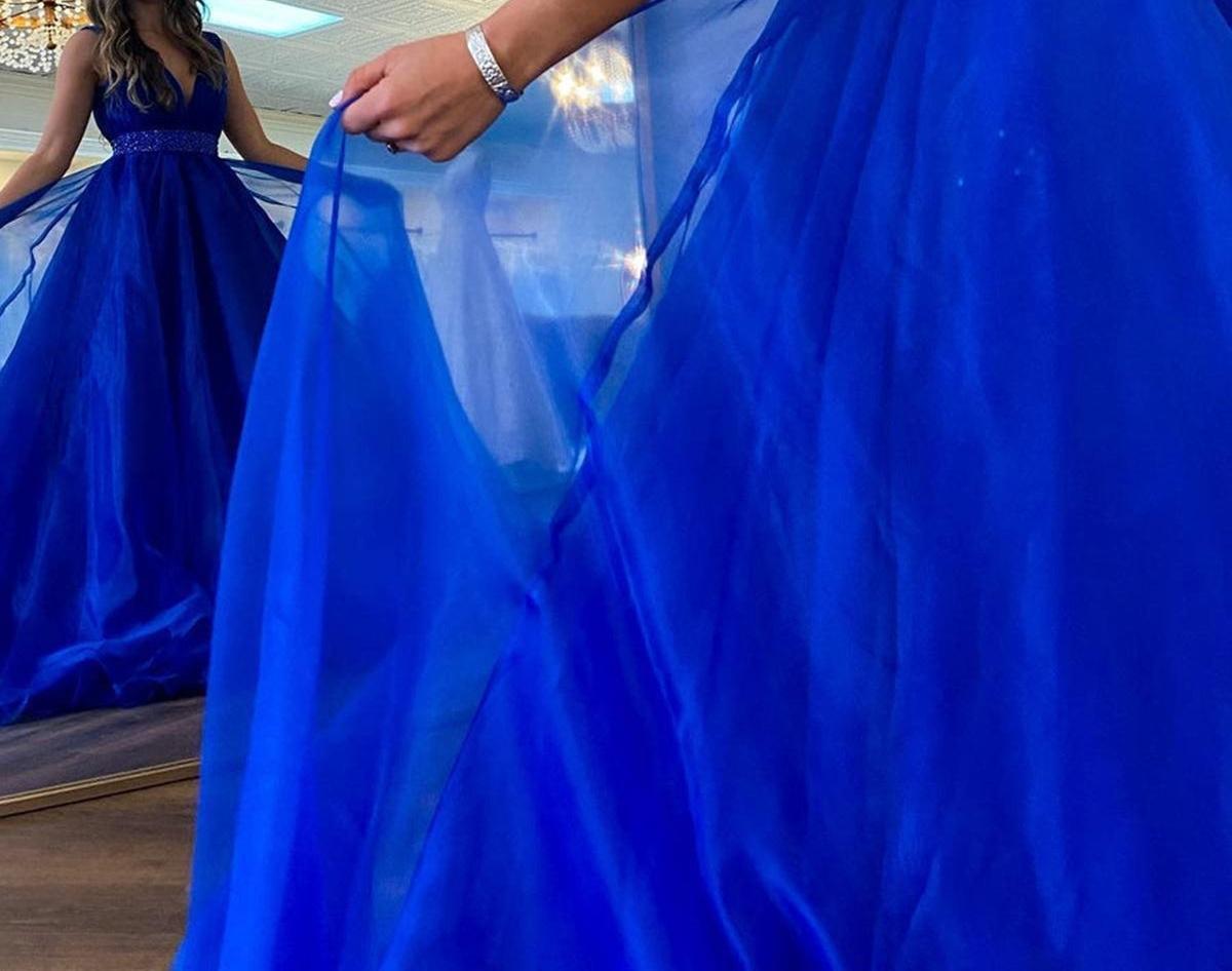 Unthony - A Line V Neck Red/Blue/Orange Long Prom Dress with Beaded Belt