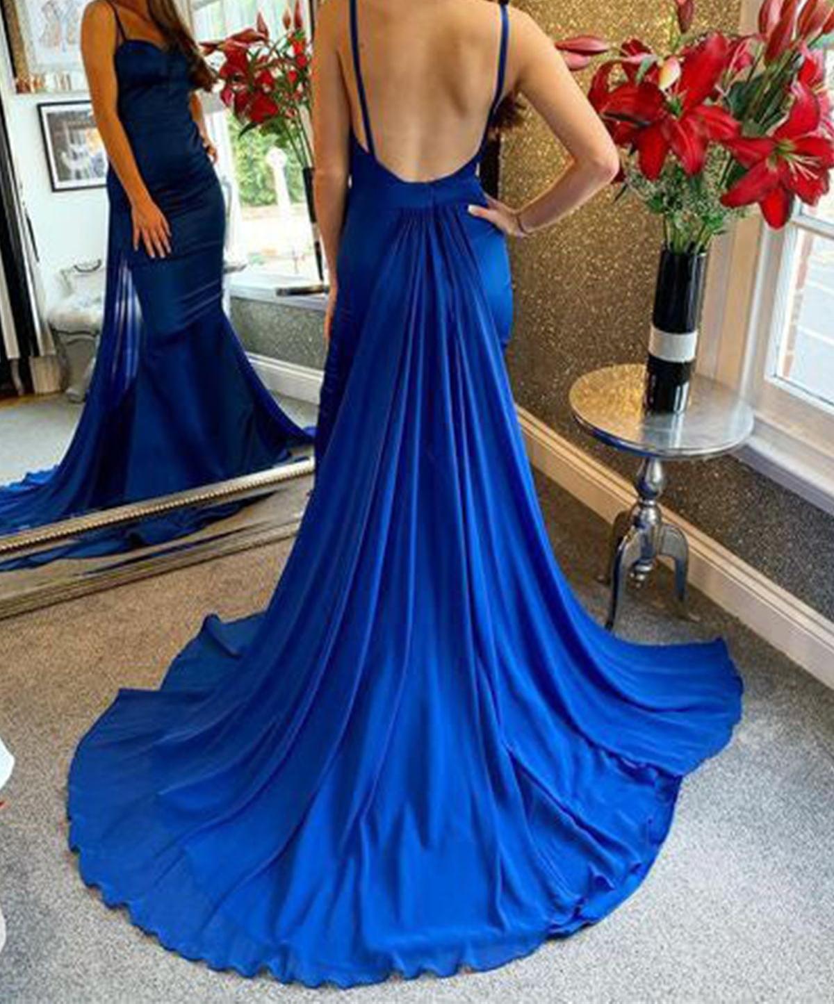 Unthony - Mermaid Open Back Blue Long Prom Dress with Train