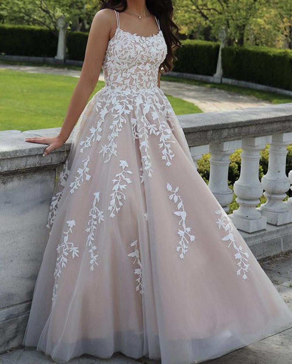 Unthony - A Line Backless Champagne Lace Long Prom Dress