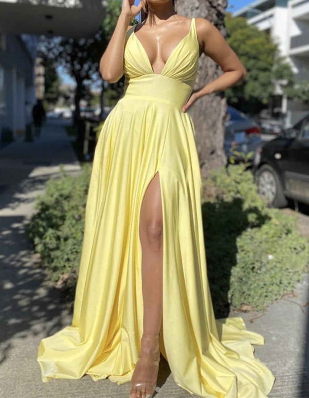 Unthony - Simple V Neck Backless Yellow Satin Long Prom Dress with Slit