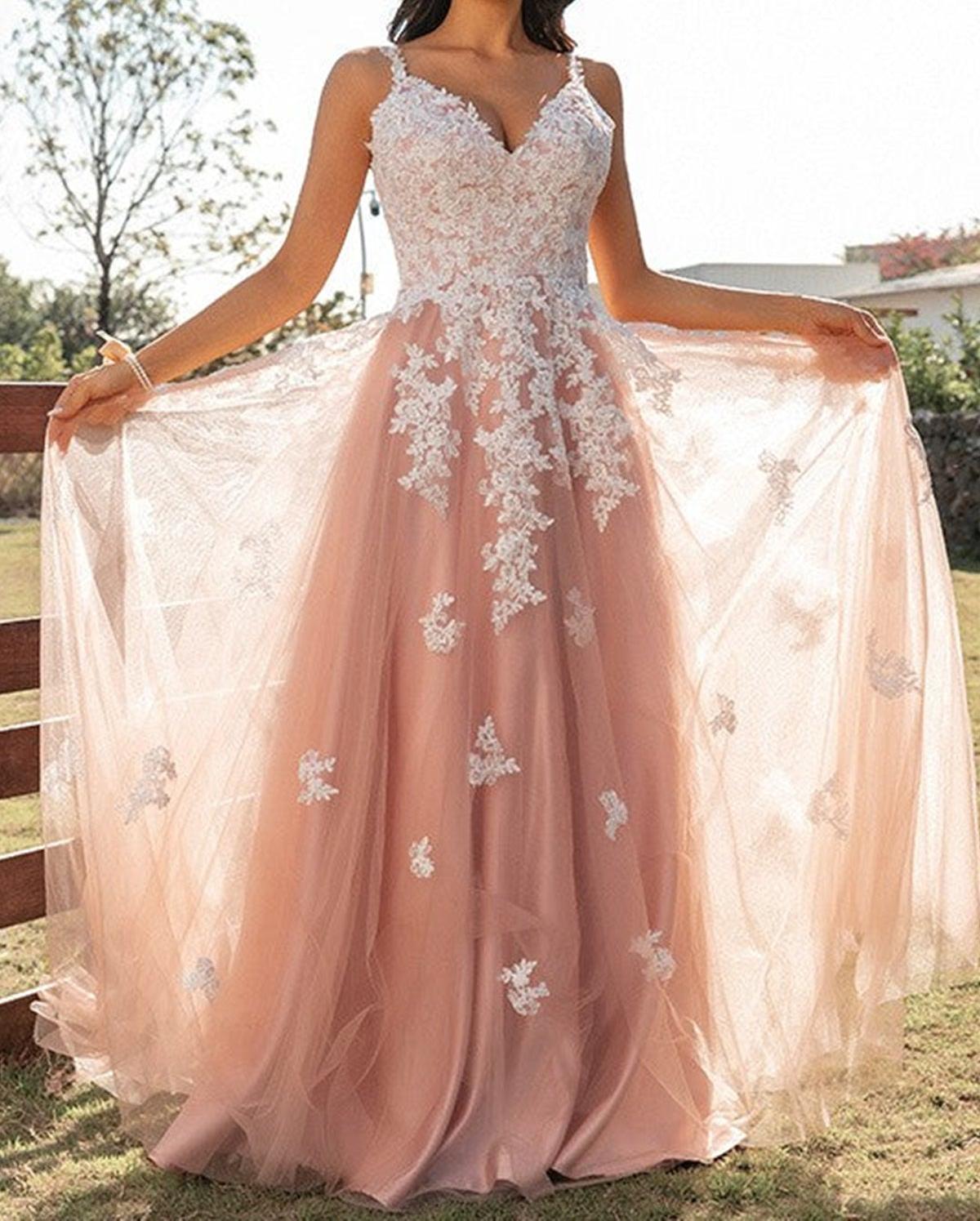 Unthony - A Line V Neck Pink Tulle Long Prom Dress with Lace Appliques