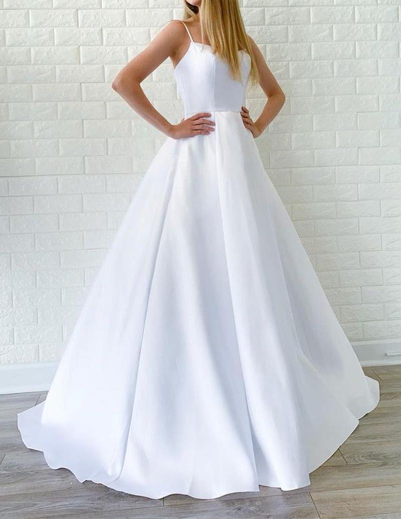Unthony - Simple A Line White Satin Long Wedding Prom Dress