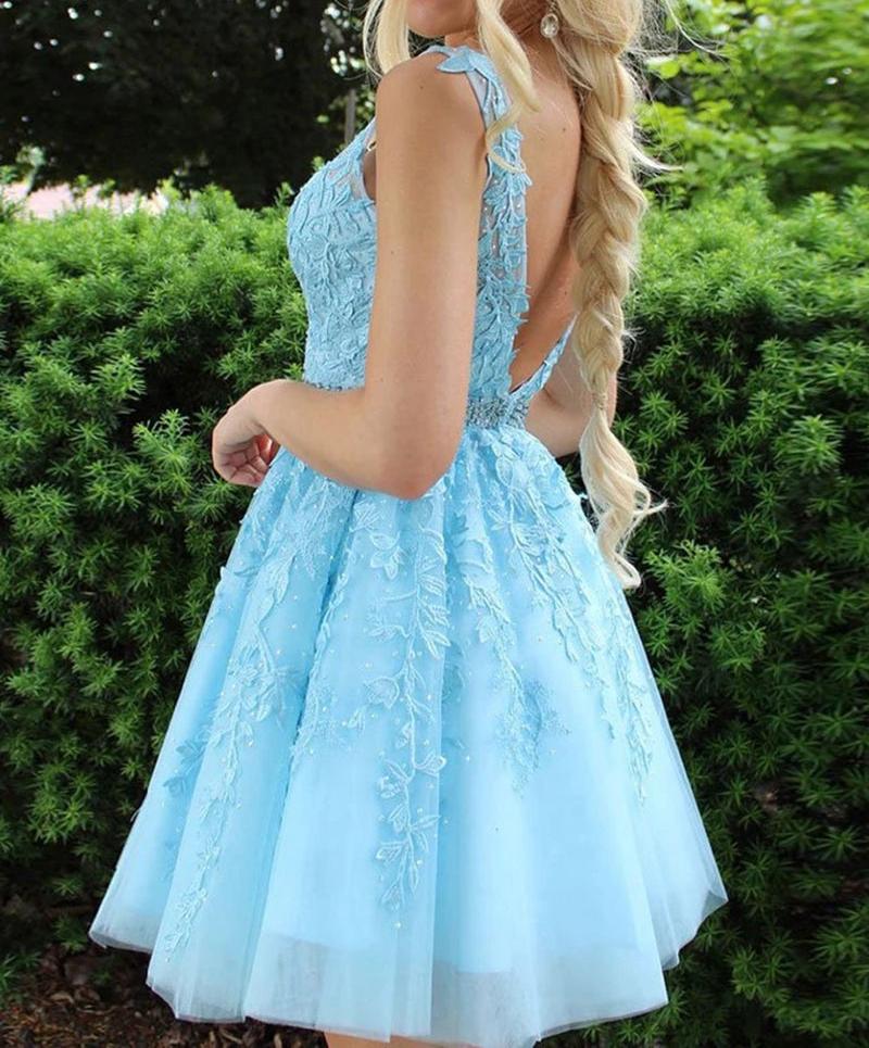 Unthony - V Neck and V Back Light Blue Lace Short Prom Dress with Belt