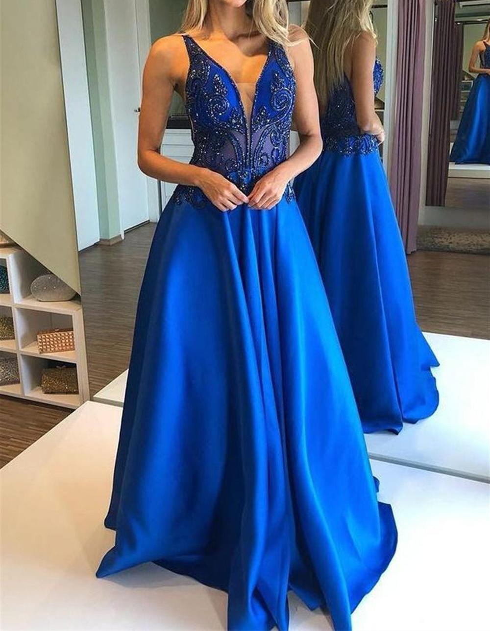 Unthony - V Neck Open Back Blue Beaded Long Prom Dress