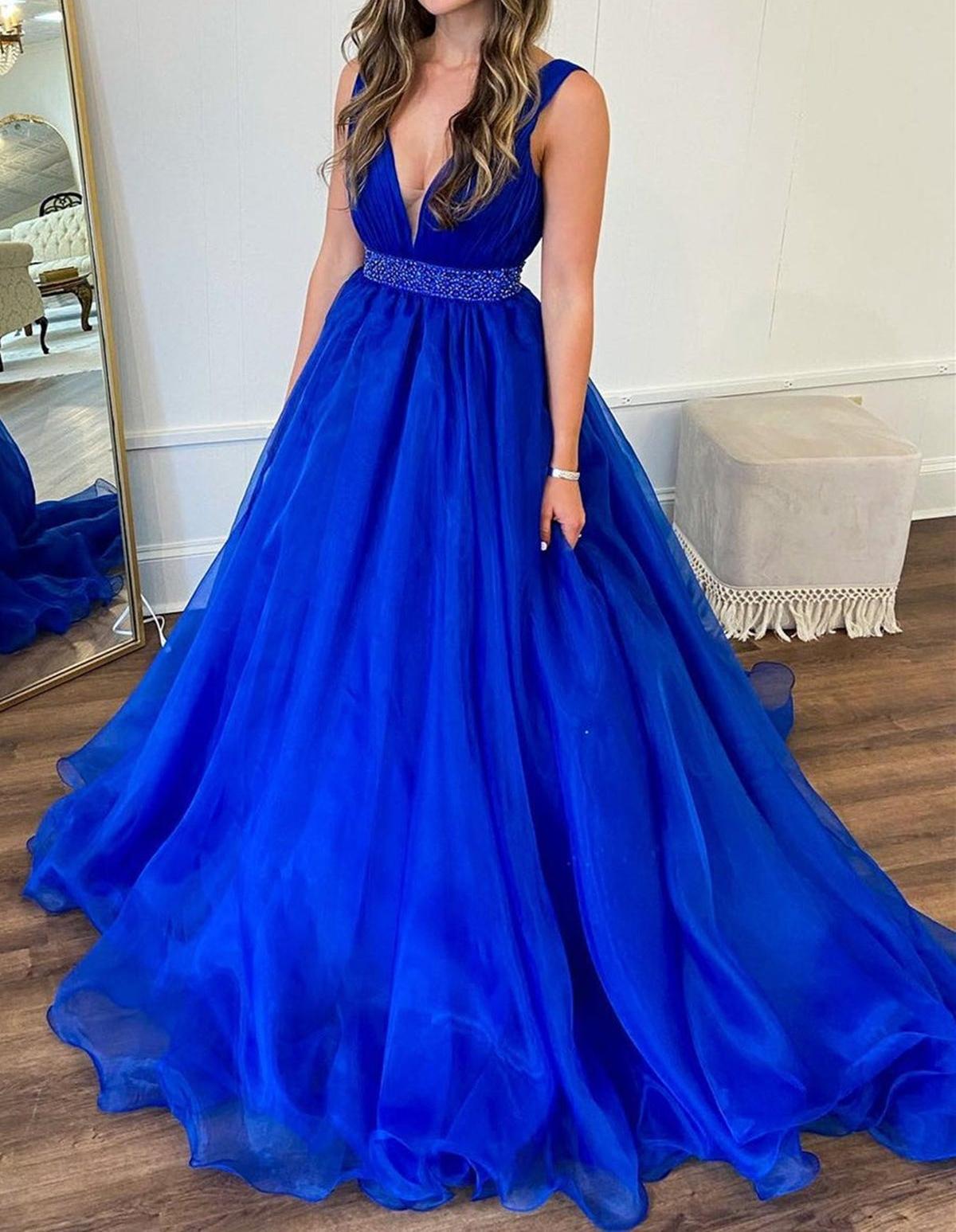 Unthony - A Line V Neck Red/Blue/Orange Long Prom Dress with Beaded Belt