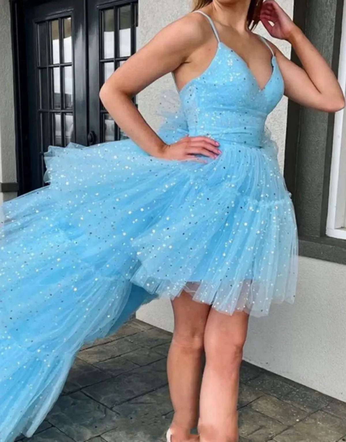 Unthony - High Low V Neck Light Blue Long Prom Dress