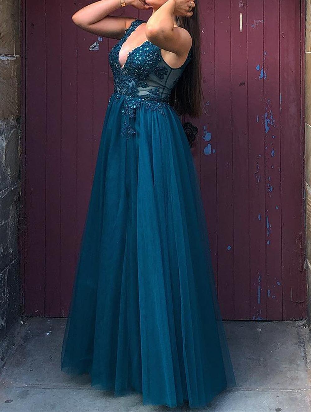 Unthony - A Line V Neck Blue Lace Long Prom Dress