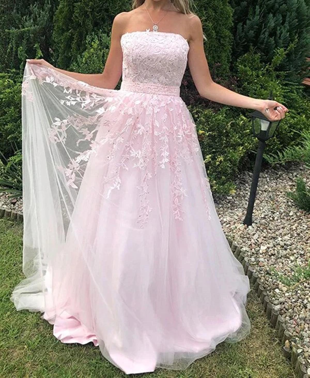 Unthony - Strapless Beaded Pink Lace Long Prom Dress