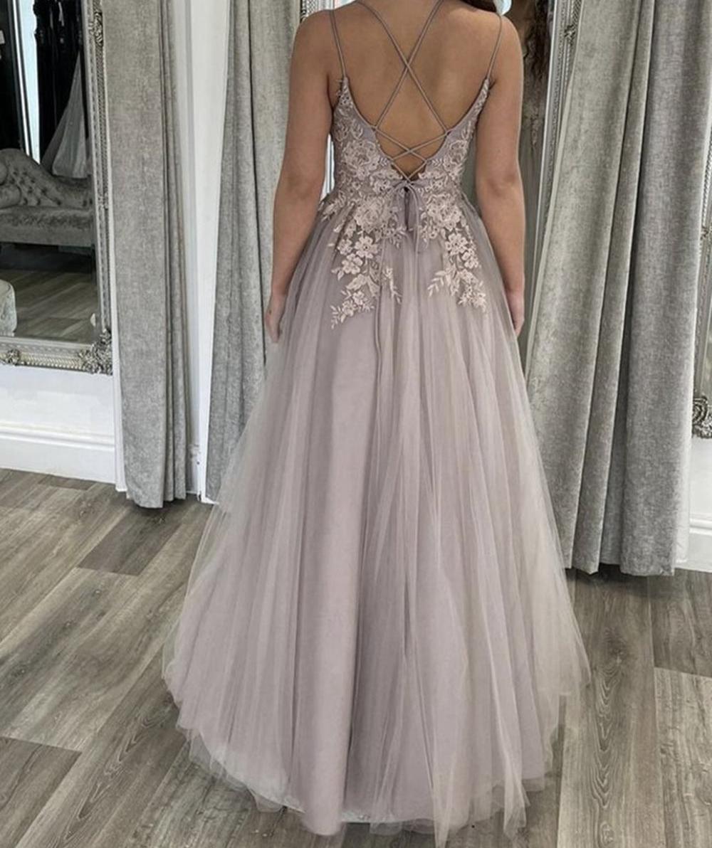 Unthony - Elegant Backless Gray Lace Long Prom Dress with Thin Straps