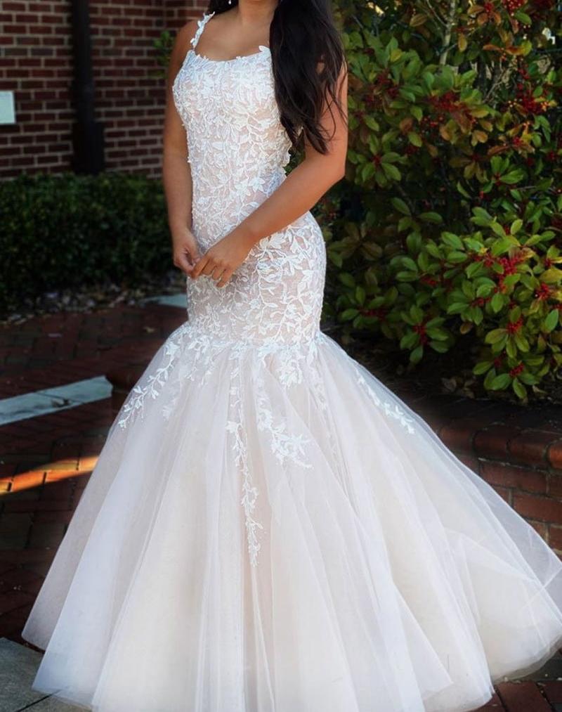 Unthony - Mermaid Open Back Champagne Lace Long Prom Dress