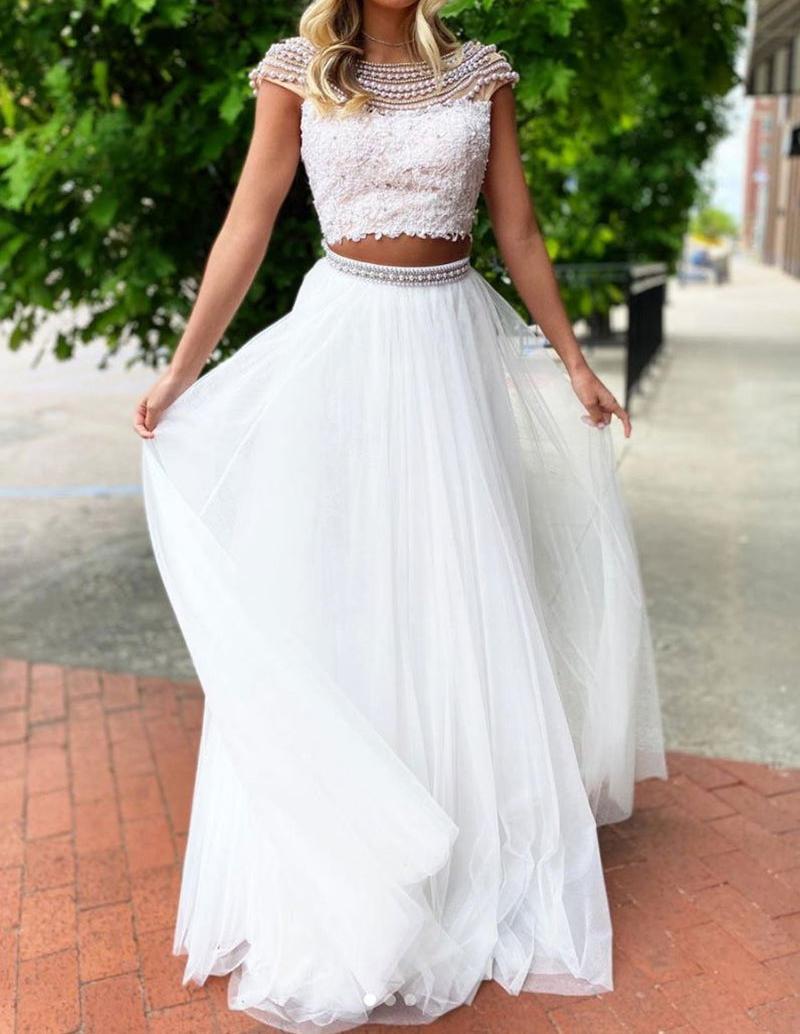 Unthony - Gorgeous Round Neck Two Pieces White Lace Prom Dress with Beadings