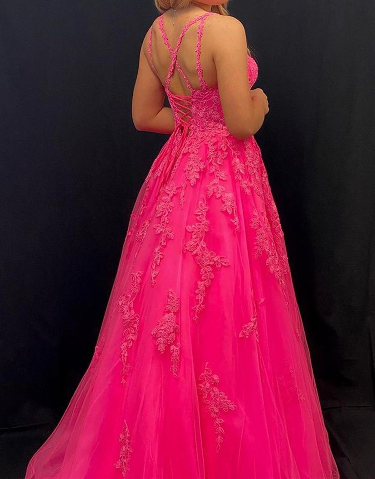 Unthony - Open Back Hot Pink Lace Long Prom Dress with Appliques