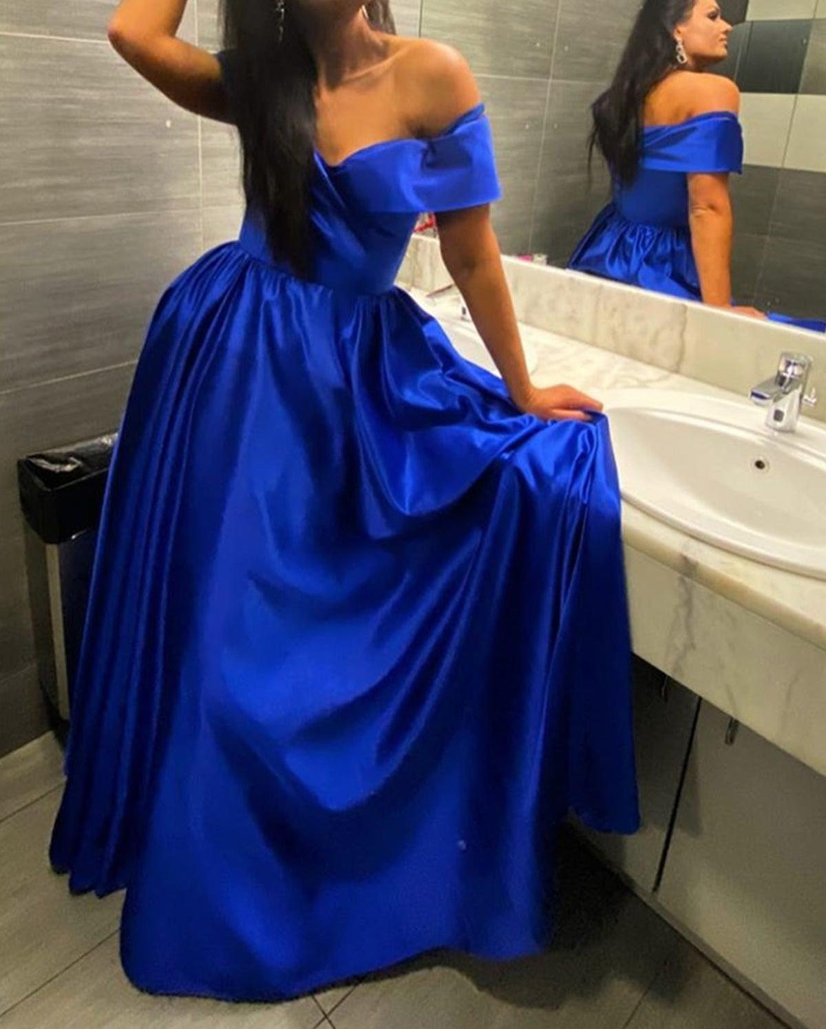 Unthony - Off Shoulder Royal Blue Long Prom Dress with High Slit