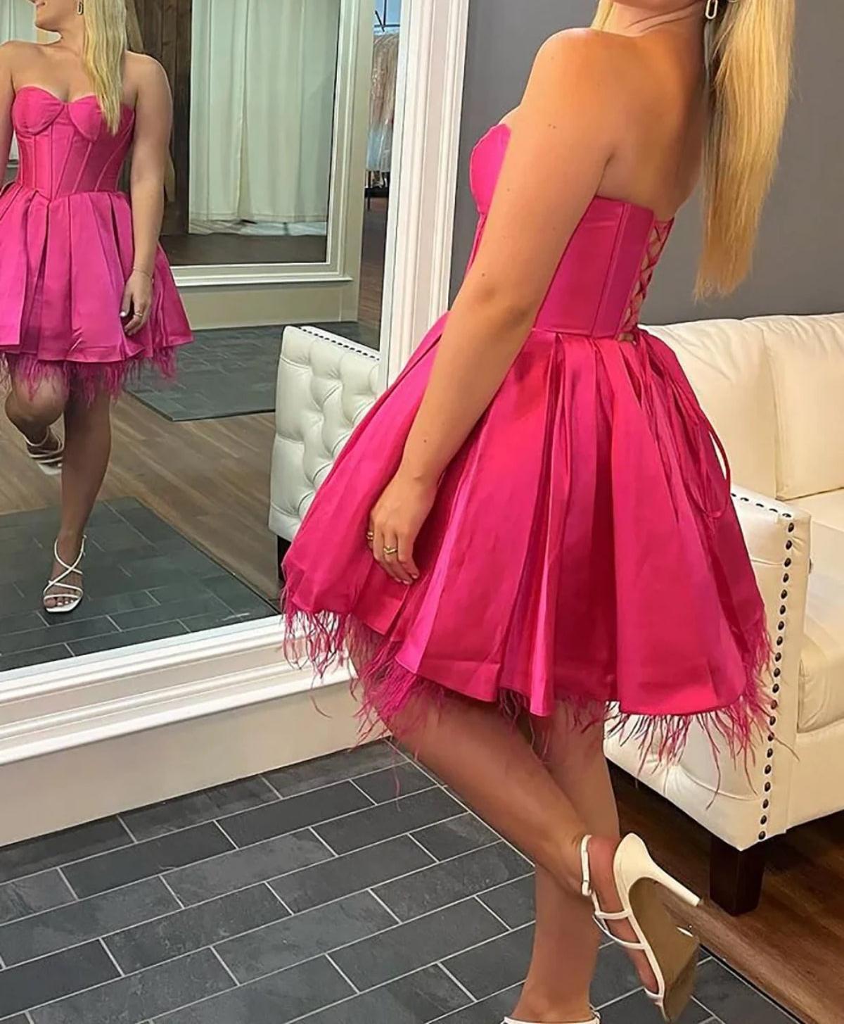 Unthony - Strapless Fuchsia Satin Short Prom Dress