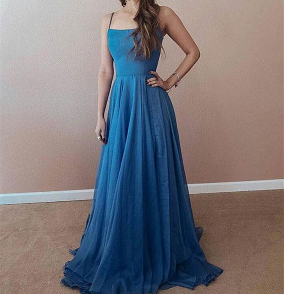 Unthony - A Line Spaghetti Straps Sweep Train Blue Chiffon Long Prom Dresses with Cross Back