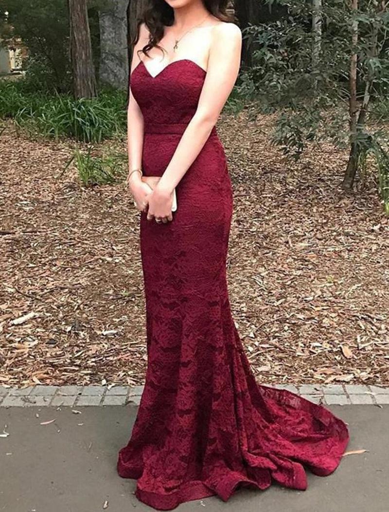Unthony - Strapless Mermaid Burgundy Lace Long Prom Dress