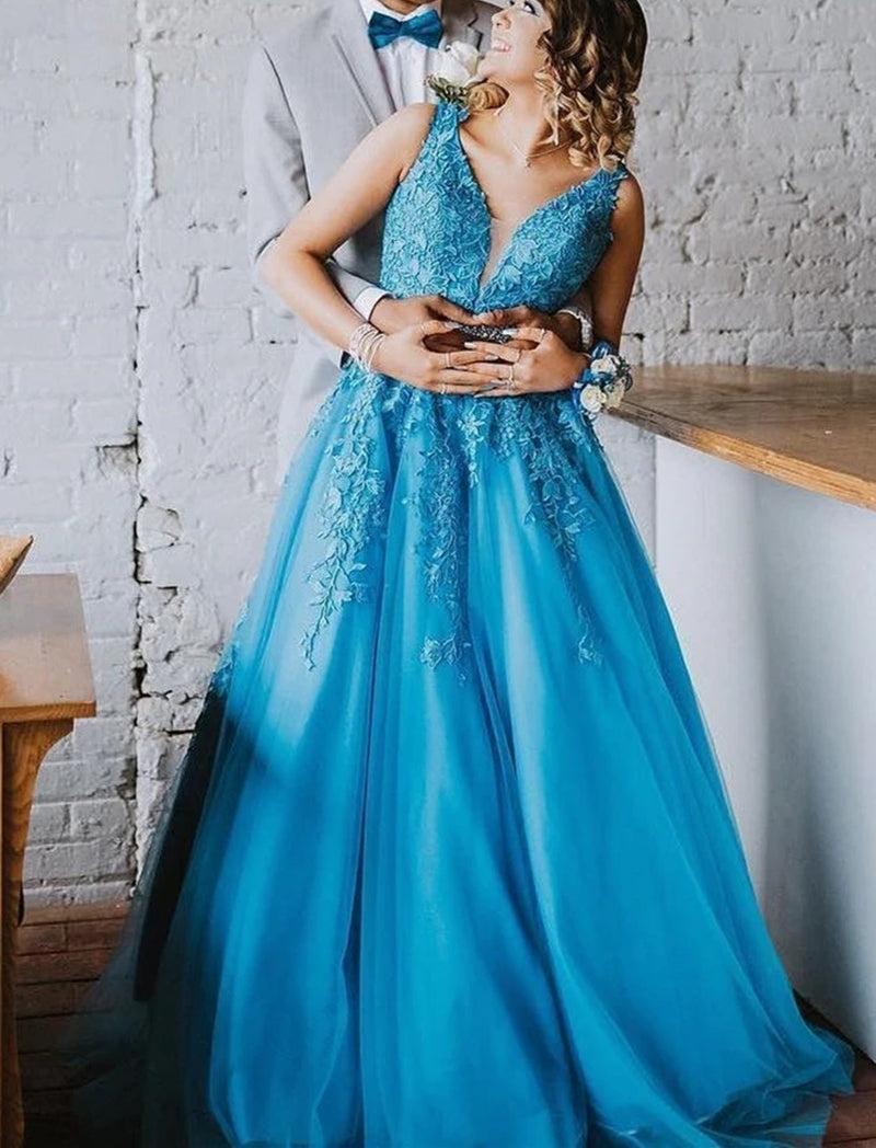 Unthony - A Line V Neck Blue Lace Long Prom Dress
