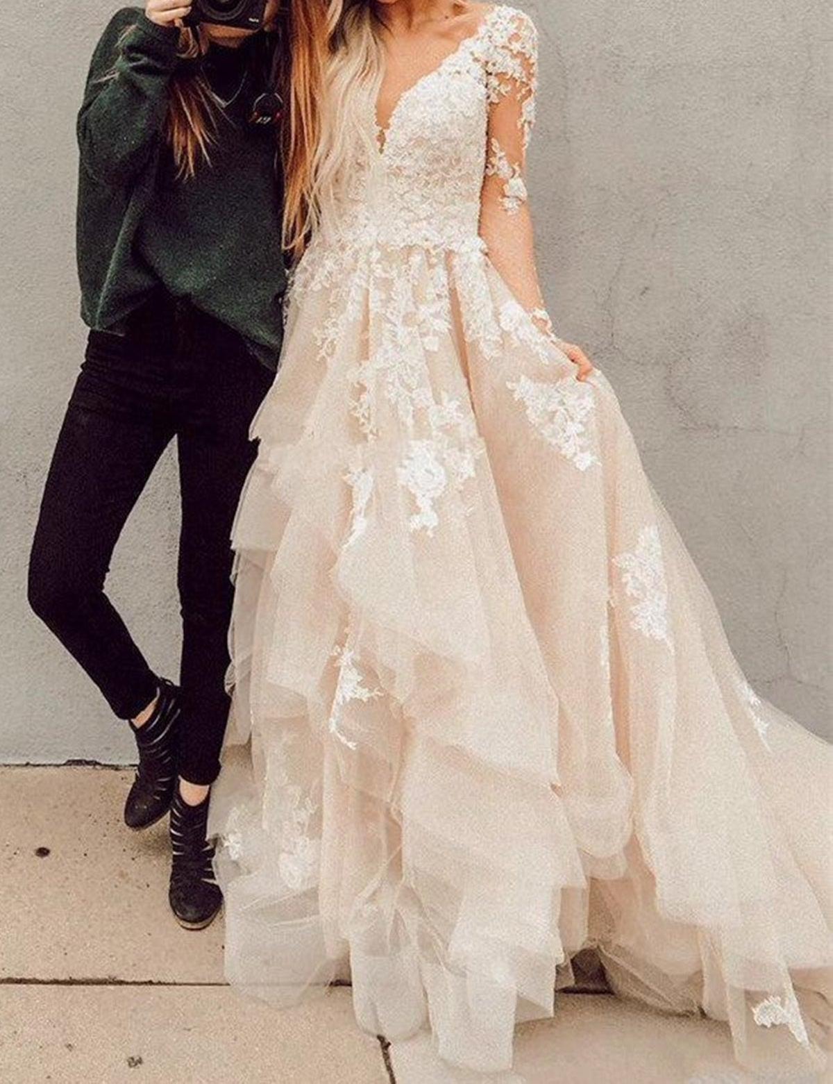 Unthony - High Low Long Sleeves Champagne Lace Prom Wedding Dress