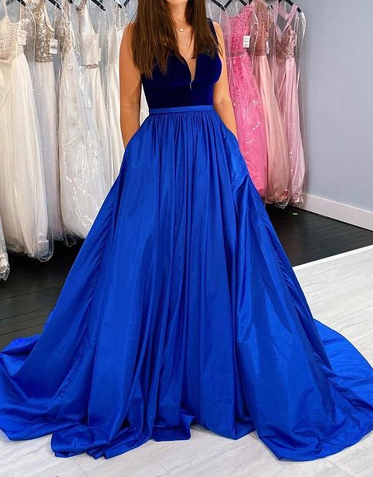 Unthony - A Line V Neck Blue Velvet Top Long Prom Dress with Pocket