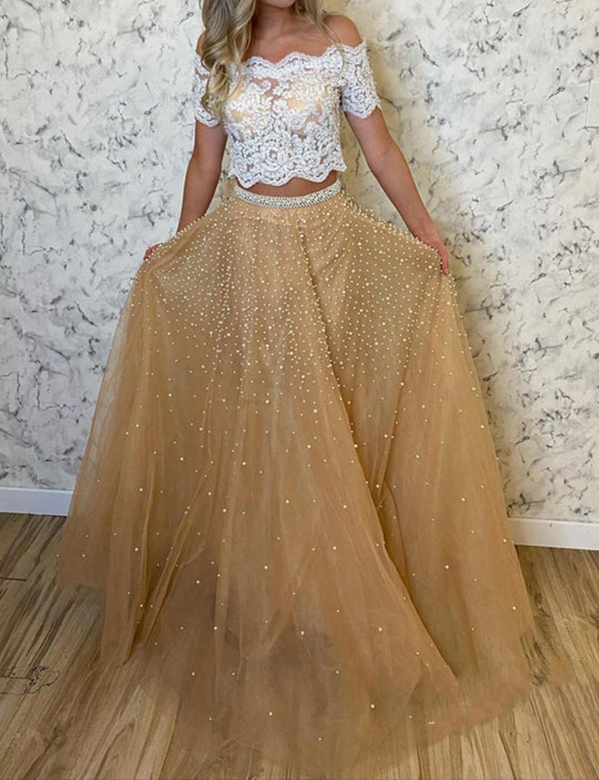 Unthony - Off Shoulder Two Pieces Champagne Tulle Long Prom Dress with Pearls