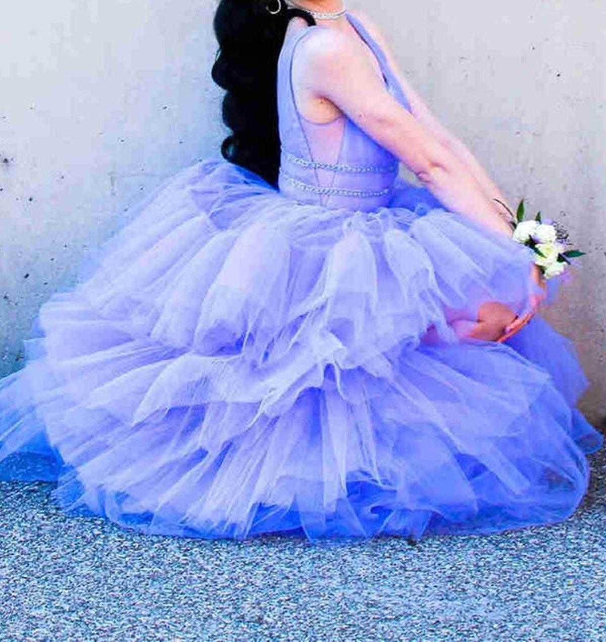 Unthony - High Low V Neck Purple Tulle Long Prom Dress with Belt