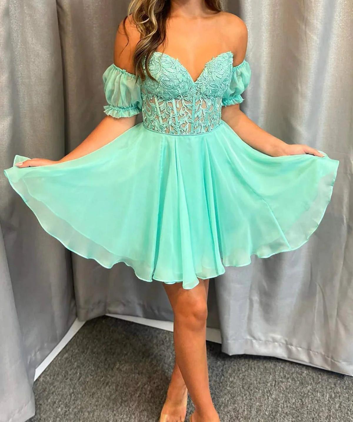 Unthony - Off Shoulder Mint Green Lace Short Prom Dress
