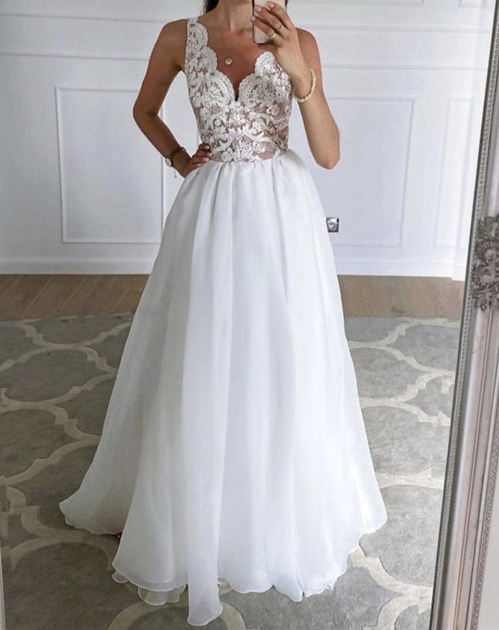 Unthony - A Line V Neck Open Back White Lace Long Prom Dress