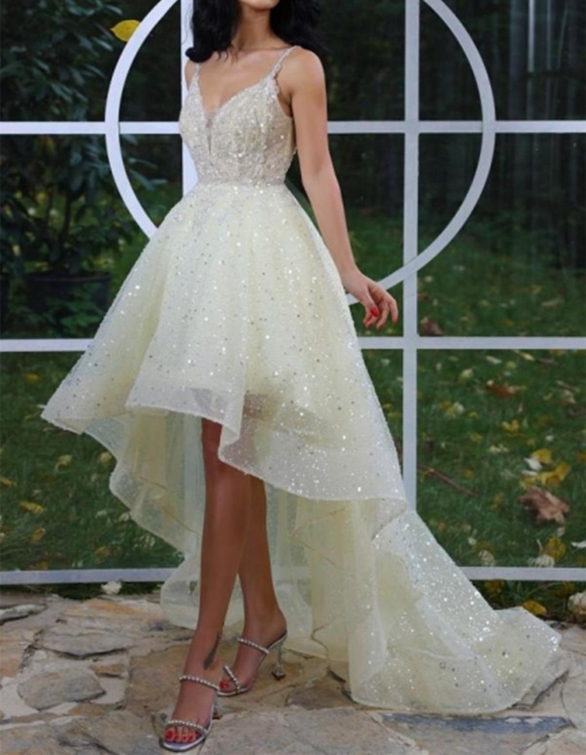 Unthony - Shiny V Neck High Low Yellow Tulle Long Prom Dress
