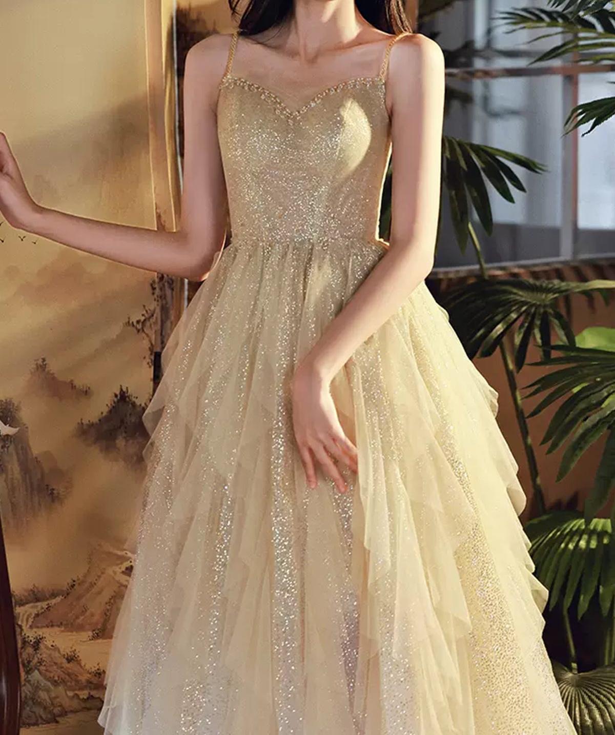 Unthony - Shiny A Line Champagne Tulle Long Prom Dress
