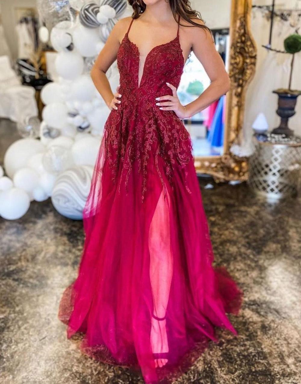Unthony - A Line V Neck Backless Burgundy Lace Long Prom Dress