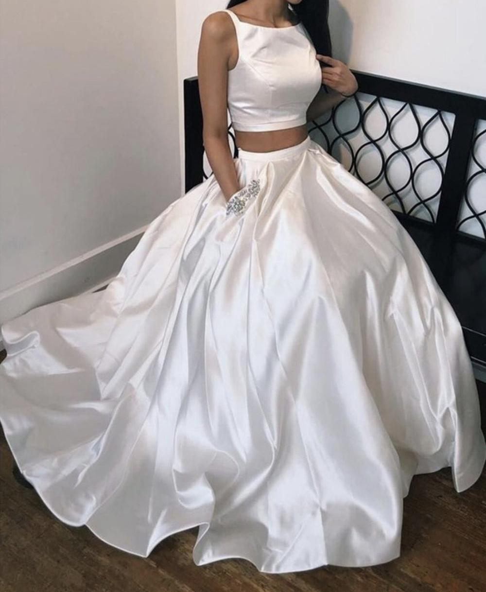 Unthony - Two Pieces Ivory Satin Long Prom Dress with Pocket