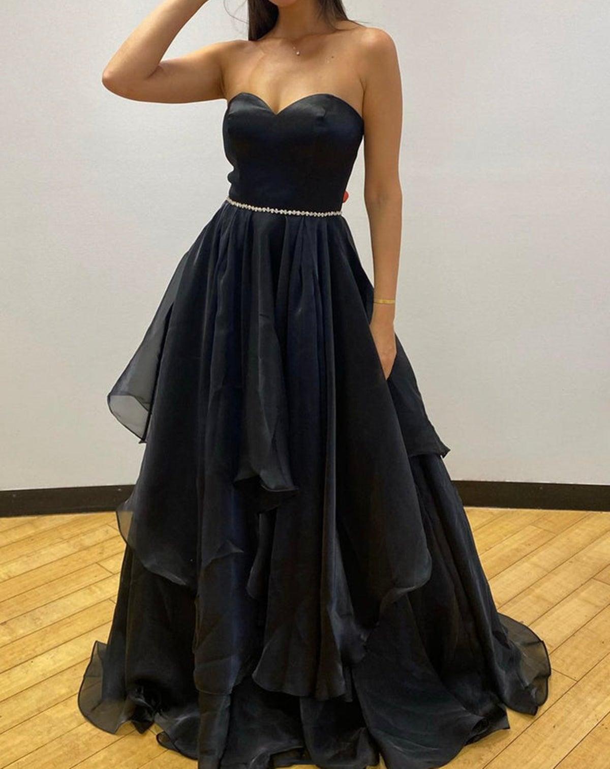 Unthony - Sweetheart Neck Open Back Black Tulle Long Prom Dress with Belt