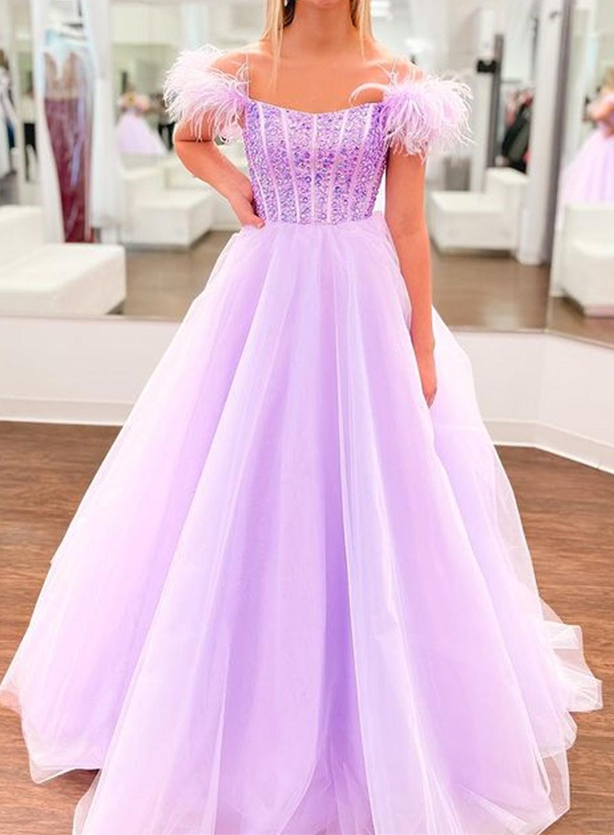 Unthony - Off Shoulder Beaded Lilac Tulle Long Prom Dresses